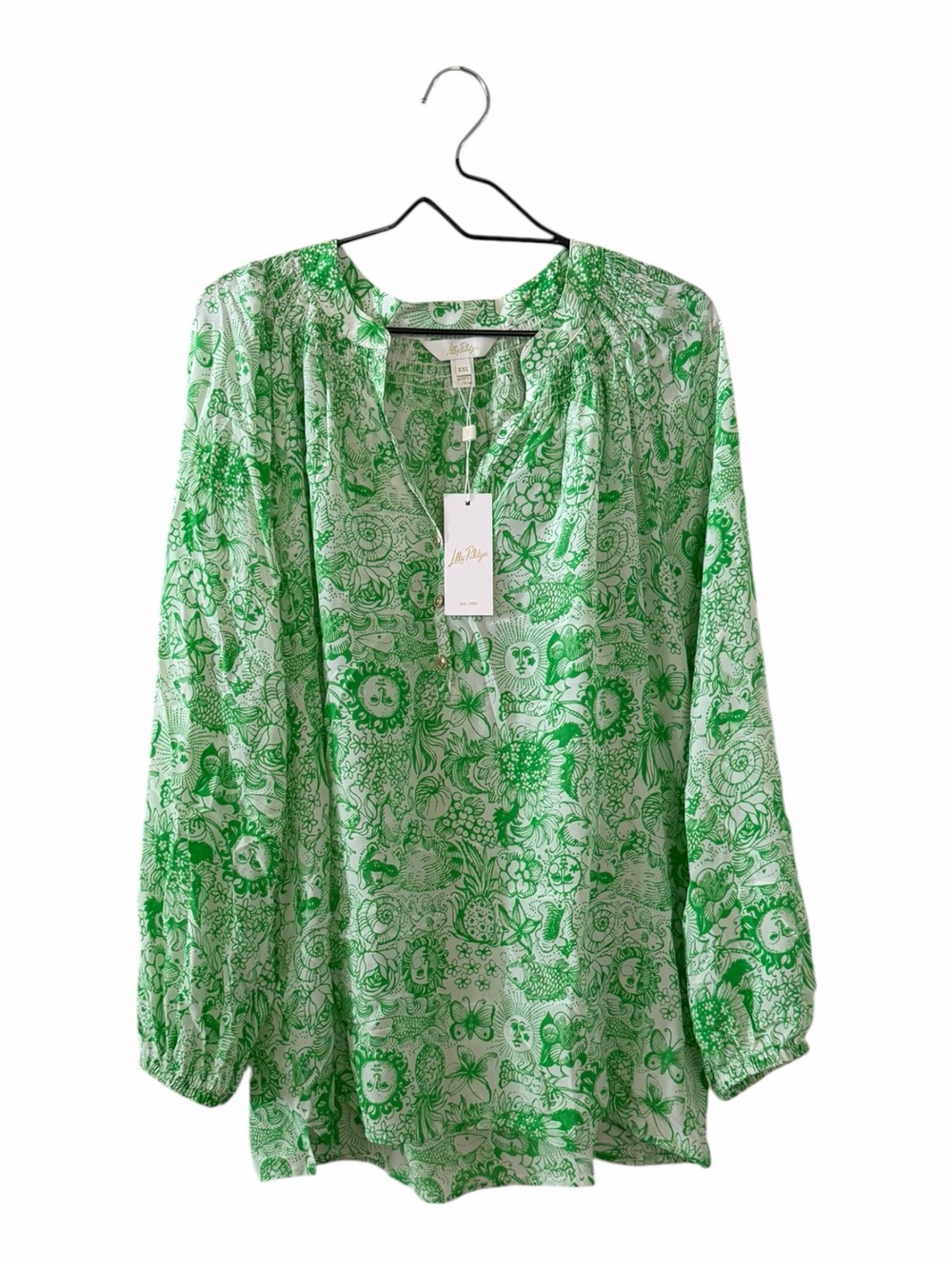 Lilly Pulitzer Elsa Silk Blouse Top Putting Green Lil Fleur de Lilly XXL NEW